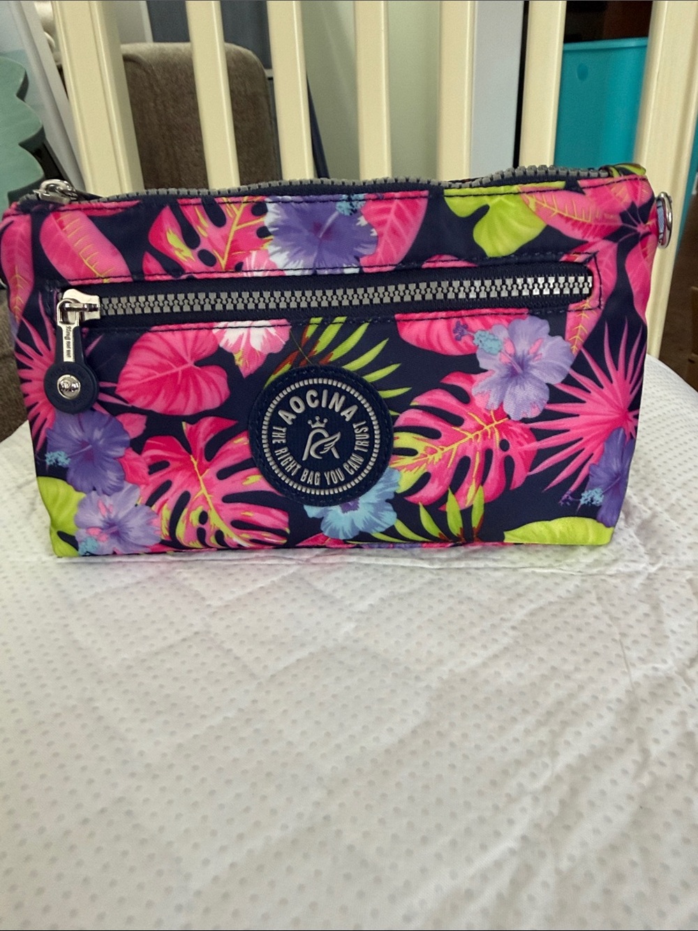 Aocina Floral Nylon Crossbody in Navy with Pink & Purple Bloom